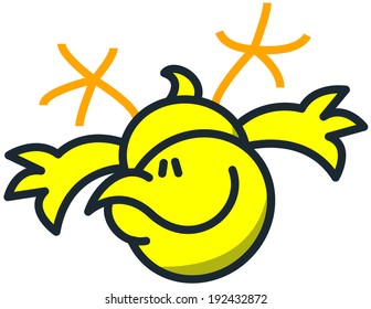 Cool yellow chicken with a funny face while floating face down, stretching its legs, extending its wings to glide and having a look of surroundings with nice curiosity