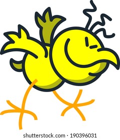 Cool yellow chicken while moving frenetic, enthusiastic and rhythmically his body and head while keeping balance with its wings and feet, smiling generously and clenching its eyes