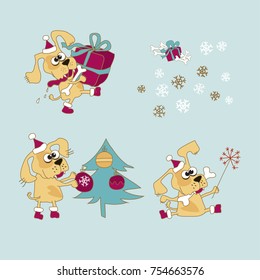 Cool yellow dog mascot. Cartoon set. Funny winter xmas animal in Santa hat with gift box. Christmas and Chinese New year Vector illustration
