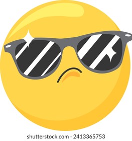 Cool yellow emoji wearing black sunglasses with reflection and displeased expression. Modern digital emoticon design, sunglasses and summer concept vector illustration.
