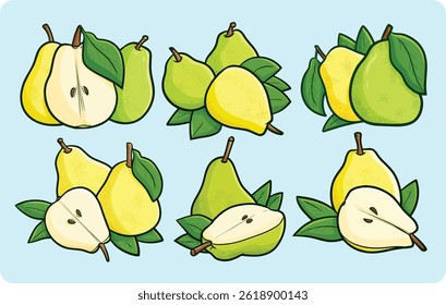 Cool yellow and green pears cartoon illustration set	