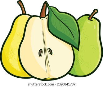 Cool yellow and green pears with sliced pear in front of them
