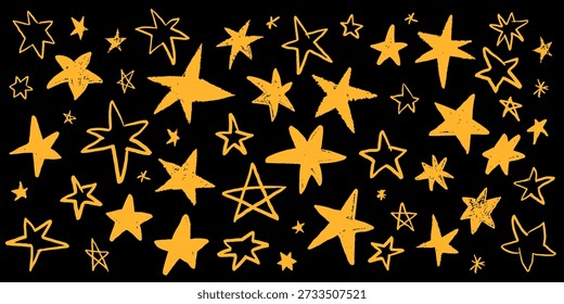 Colección de estrella dibujada a mano de color amarillo fresco. Crayon doodle chispas centelleantes con destellos y fuegos artificiales