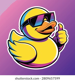 Cool yellow rubber duck cartoon character wearing sunglasses giving a thumbs up. Retro synthwave sticker style vector.