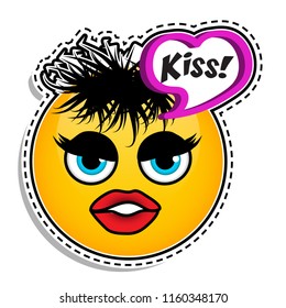Cool YELLOW smiling emoji sticker with KISS! sign on white background, Emoticon with KISS! speech bubble. Vector illustration.