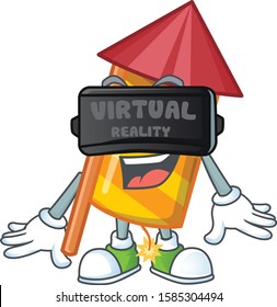 cool yellow stripes fireworks rocket character in Virtual reality headset