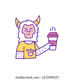 Cool yeti character drink a cup of coffee, illustration for t-shirt, sticker, or apparel merchandise. With doodle, retro, and cartoon style.