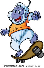 The cool yeti is playing skateboard with a trick of illustration