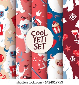 Cool yeti seamless pattern set vector illustration with kind creature with cup of coffee and cake. New year atmosphere with glassof wine, snowflakes, mittens. Professional skier. Birds flying.