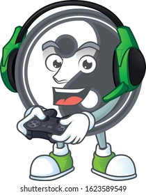 Cool yin yang cartoon mascot with headphone and controller