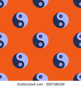 Cool yin yang with funny face. Vector seamless pattern