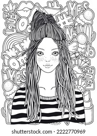 Cool yong girl in a striped sweater. Anxiety Relief Coloring Book for Adults and children. Black and white. For books 8.5 x 11 inches. Fashion Patch Badges in cartoon 80 s-90 s comic doodle style.
