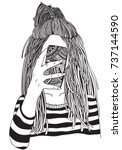 Cool yong girl taking picture on smartphone. Adult Coloring book page. Young woman. Black and white Hand-drawn vector illustration. Zentangle style.