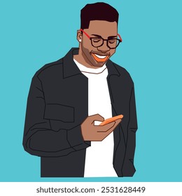 A cool young African American male checking his mobile phone smiling at his conversation wearing glasses
