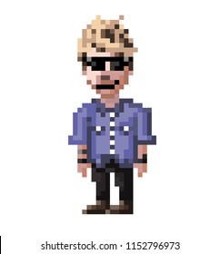 Cool young blond man in sunglasses and denim shirt. Pixel art vector