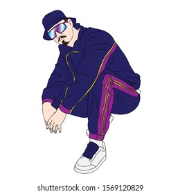 cool young boy sitting in a squat with a retro tracksuit, cap and sunglasses. russian squat, breakdance, b-boy, hip hop, comic, purple, yellow, blue.