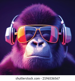 Cool young DJ Gorilla with headphones and sunglasses enjoys the music