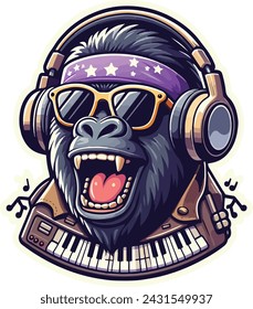 Cool young DJ Gorilla with headphones and sunglasses enjoys the music