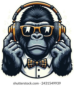 Cool young DJ Gorilla with headphones and sunglasses enjoys the music