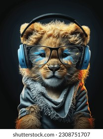 Cool young DJ lion in sunglasses in colorful neon light enjoys the music