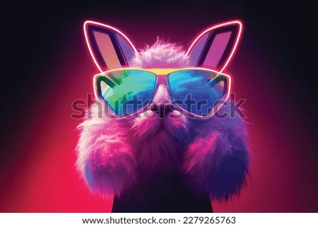 Cool young DJ rabbit or Bunny sunglasses in colorful neon light enjoys the music