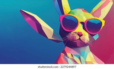 Cool young fashionable rabbit or Bunny sunglasses in colorful polygon. Spring colorful shopping concept.