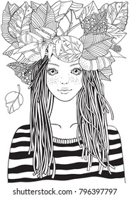 Cool young girl  in a striped sweater with autumn leaves . Adult Coloring book page. Young woman. Black and white Hand-drawn vector illustration. Zentangle style.