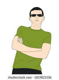 Cool young guy in sunglasses stands with his arms crossed on chest. Vector illustration