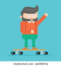 cool young hipster man with beard character playing long board flat cartoon vector illustration