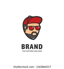 Cool young hipster street boy clothing line brand logo with smiling boy with beard wears blue snapback and shade glasses in cartoon style