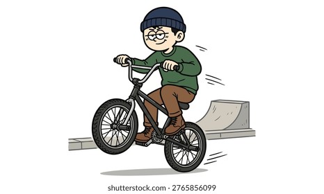 Cool Young Man Doing a Wheelie Stunt on a BMX Bike at a Skatepark Cartoon Illustration