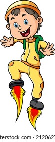 The cool young man is flying with the fire shoes of illustration