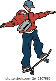 A cool young man riding a skateboard in casual streetwear style. Perfect for urban lifestyle themes, extreme sports, and youth culture designs. Isolated on transparent background.