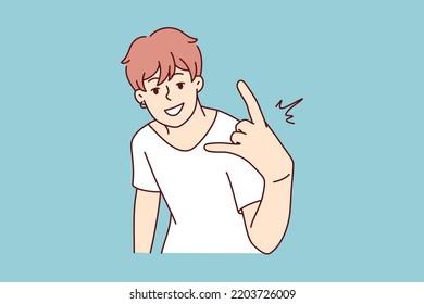 Cool Young Man Show Hand Gesture. Smiling Millennial Guy Demonstrate Sign Or Symbol. Youth Culture Concept. Vector Illustration. 