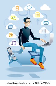 Cool young man sitting on a cloud working with a laptop. He has a digital tablet. Around he displays a set of media and communication icons, representing different aspects of clouding and internet.