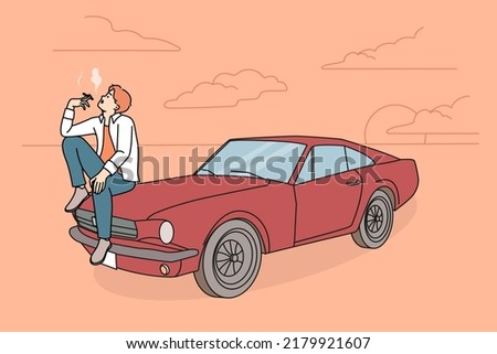 Cool young man sitting on retro car smoking. Guy relaxing near vintage automobile with cigarette. Vector illustration. 