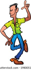Cool young man smiling, clenching his eyes and wearing jeans and a tropical shirt while dancing animatedly by raising an arm, pointing with his finger and raising a foot rhythmically