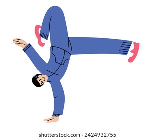 Joven cool en un traje de atletismo realizando truco acrobático, de pie en una mano. Bailarina de breakdance dibujada a mano, aislada en ilustración vectorial blanca