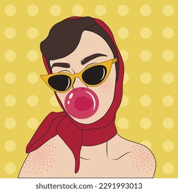 Cool young woman with chewing gum on yellow background