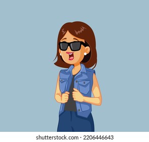 
Cool Young Woman Wearing a Denim Vest and Sunglasses Vector Cartoo. Hipster girl in 90s retro styling outfit feeling happy and optimistic
