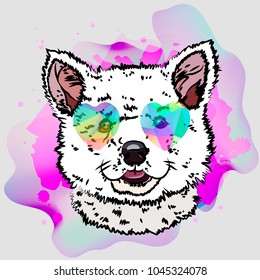 Cool youth print with dog. Puppy in trendy glasses. Vector watercolor print.