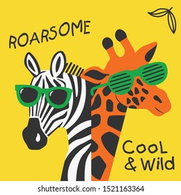 Cool zebra and giraffe wearing glasses on yellow background cartoon vector illustration