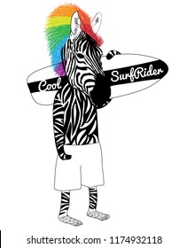 Cool zebra holding a surfboard vector design for t shirt printing
