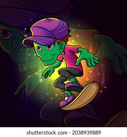 The cool zombie plays the skateboard esport mascot design of illustration