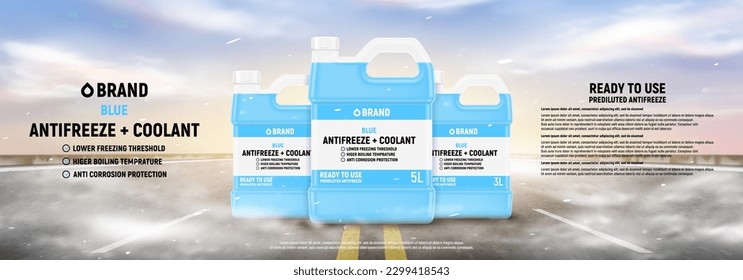 Coolant or antifreeze advertising banner. Realistic 3d vector illustration with bottles of coolant or antifreeze on highway with fog. Promo banner of blue anti freeze for car cooling system.