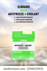 Coolant or antifreeze advertising poster. Realistic 3d vector illustration with bottles of coolant or antifreeze on highway with fog. Promo banner of green anti freeze for car cooling system.