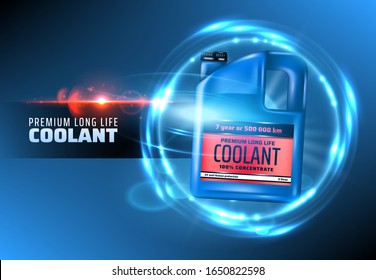 Coolant of car engine vector design with 3d plastic jerry can of antifreeze. Blue bottle with red label of heat transfer fluid or liquid for auto cooling system and vehicle radiator, promo poster