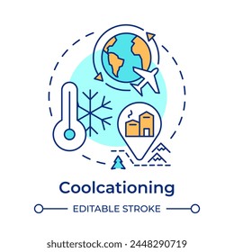 Coolcationing multi color concept icon. Cold weather vacation. Winter retreat. Travel trend. Ski resort. Round shape line illustration. Abstract idea. Graphic design. Easy to use in blog post