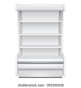 Cooled Regal Rack Refrigerator Wall Cabinet Blank Empty Showcase Displays. Retail Shelves. 3D Products On White Background Isolated. Mock Up Ready For Your Design. Product Packing. Vector EPS10