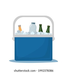 Cooler bag. Cold drinks. Portable refrigerator. Car refrigerator. Ice box with drinks. Open fridge with drinks. Vector illustration isolated on white background